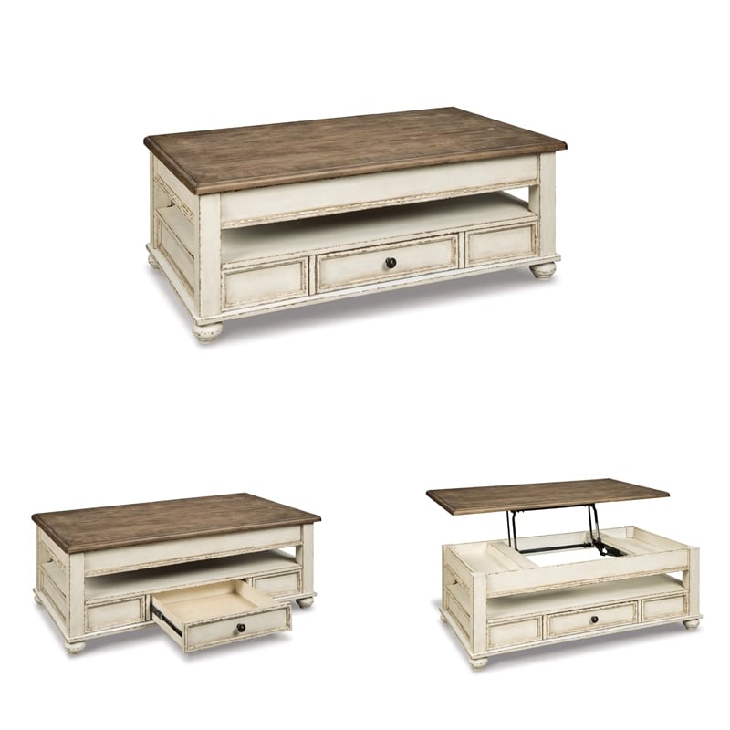 Ashley Furniture Realyn Lift Top Coffee Table in Antique White and Brown