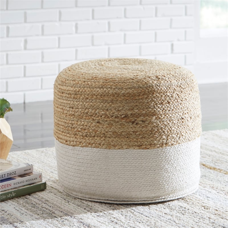 Signature Design by Ashley Sweed Valley Braided Round Pouf in Natural and White