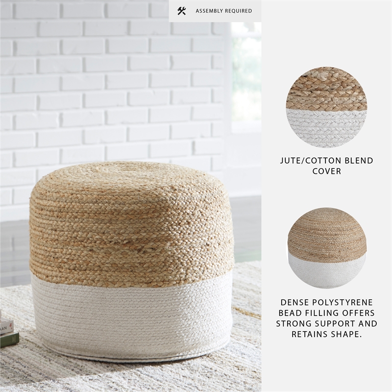 Signature Design by Ashley Sweed Valley Braided Round Pouf in Natural and White