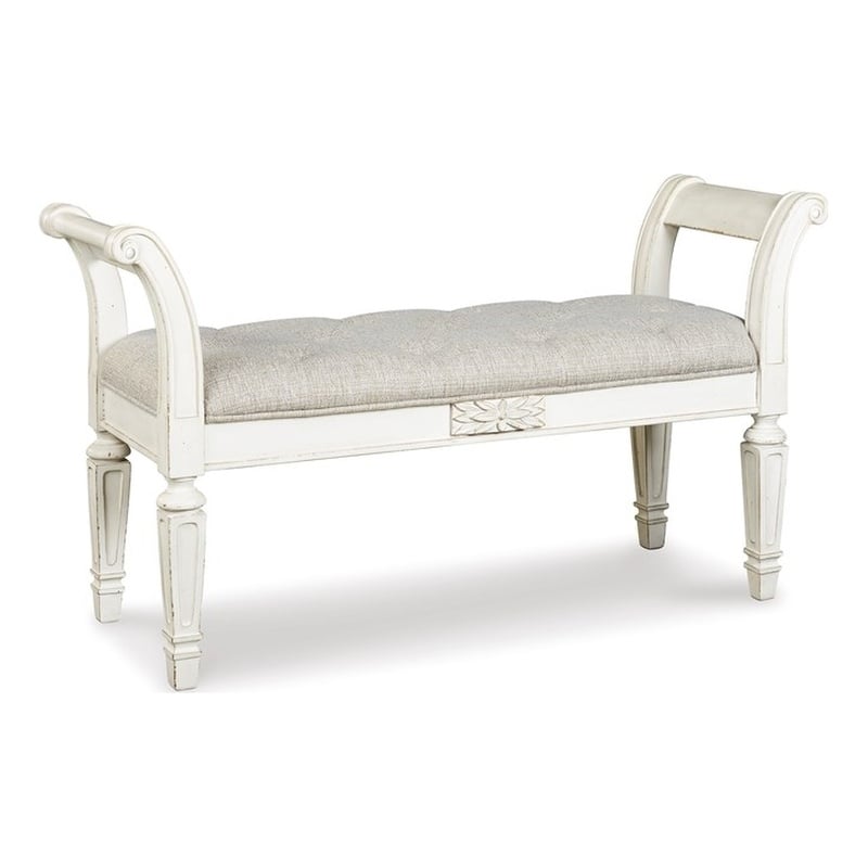 Ashley Realyn Tufted Bench with Scrolled Arm in Antique White