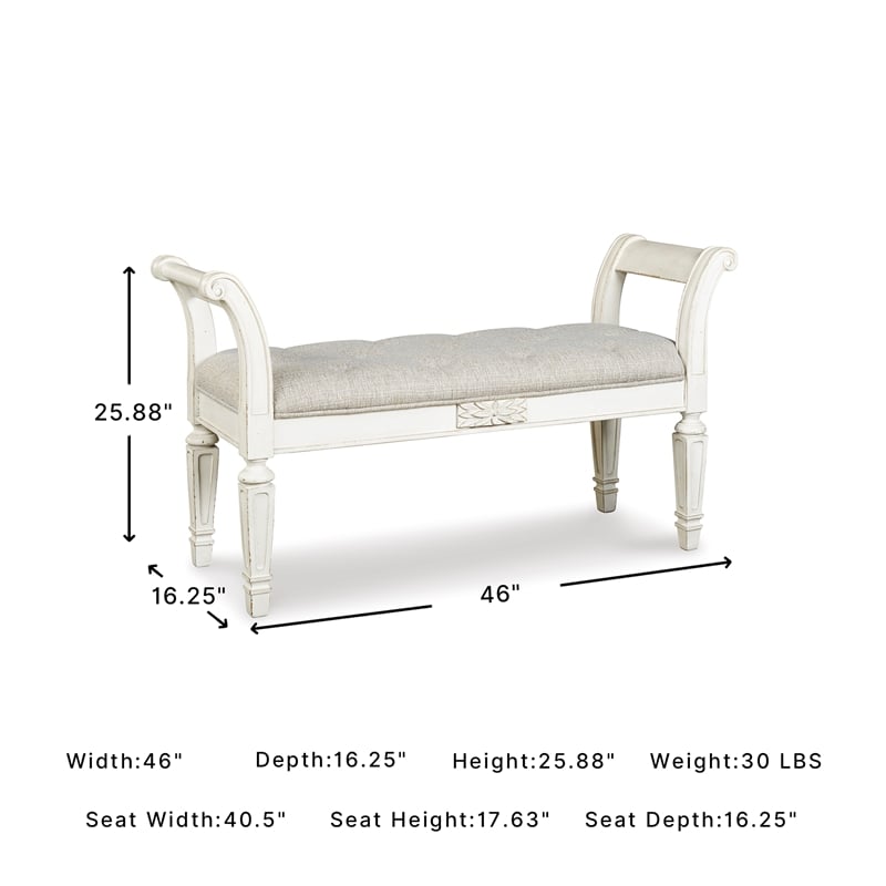 Ashley Realyn Tufted Bench with Scrolled Arm in Antique White