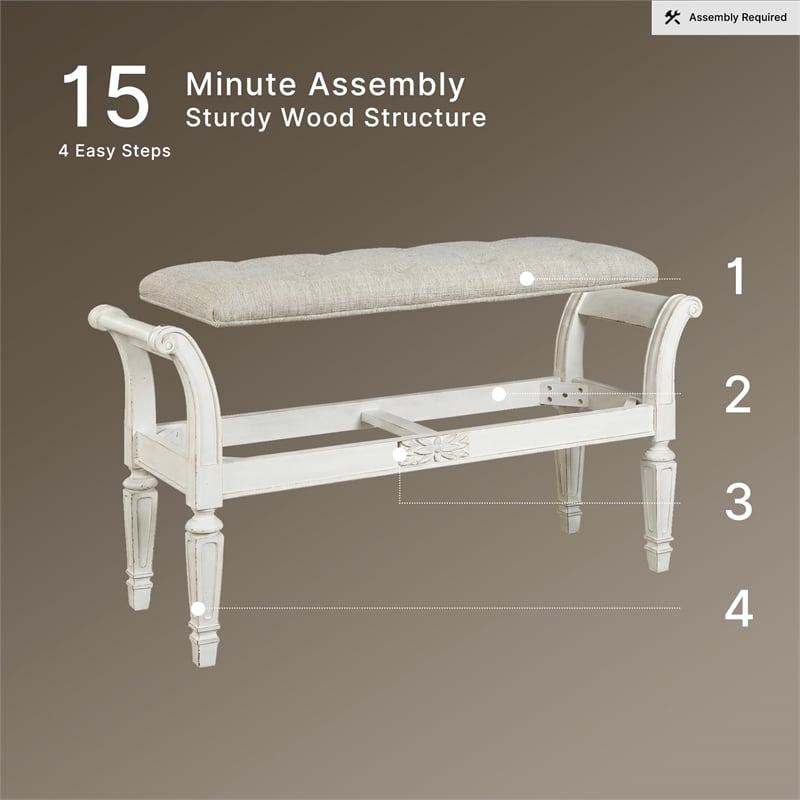 Ashley Realyn Tufted Bench with Scrolled Arm in Antique White