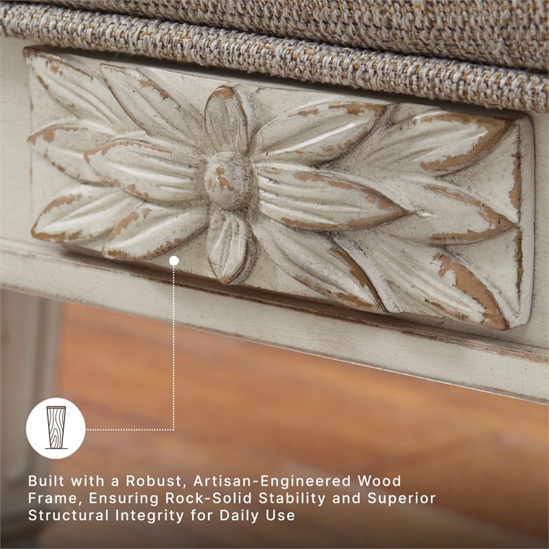 Ashley Realyn Tufted Bench with Scrolled Arm in Antique White