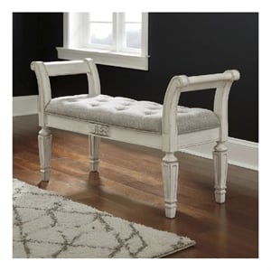 Ashley Realyn Tufted Bench with Scrolled Arm in Antique White