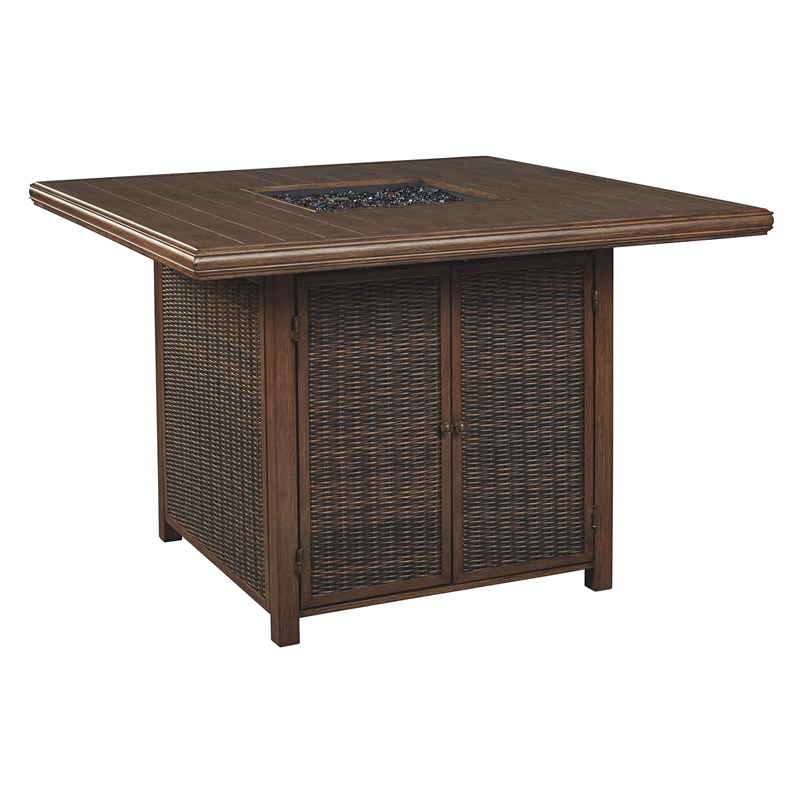 Ashley Furniture Paradise Trail Patio Fire Pit Pub Table in Brown