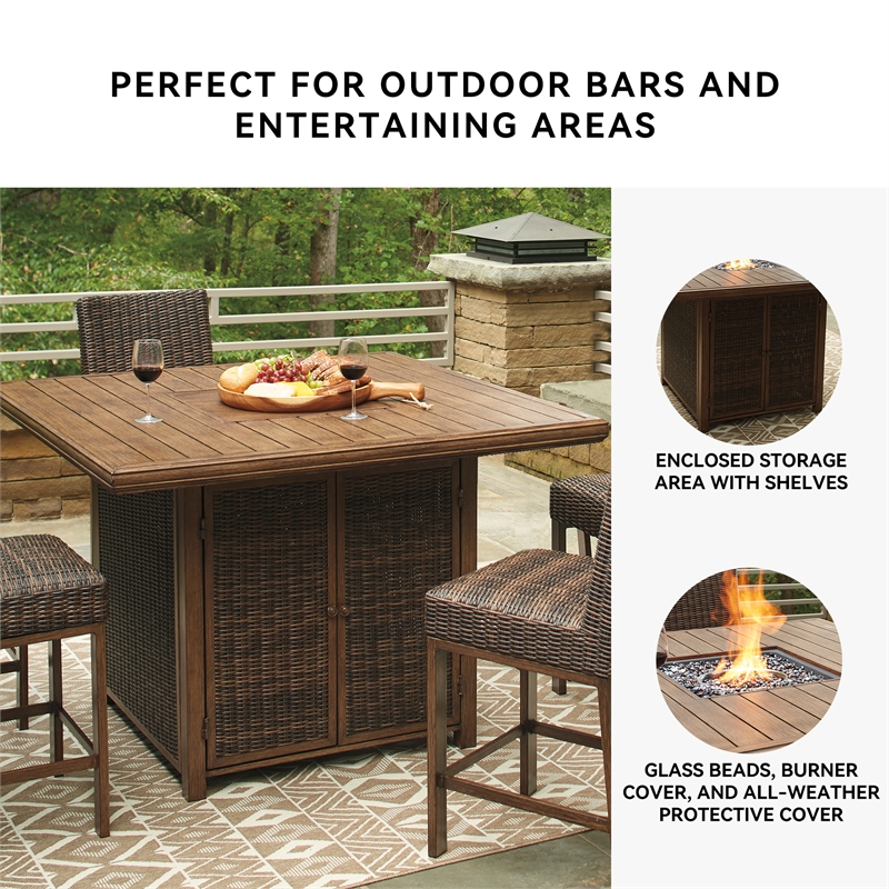 Ashley Furniture Paradise Trail Patio Fire Pit Pub Table in Brown