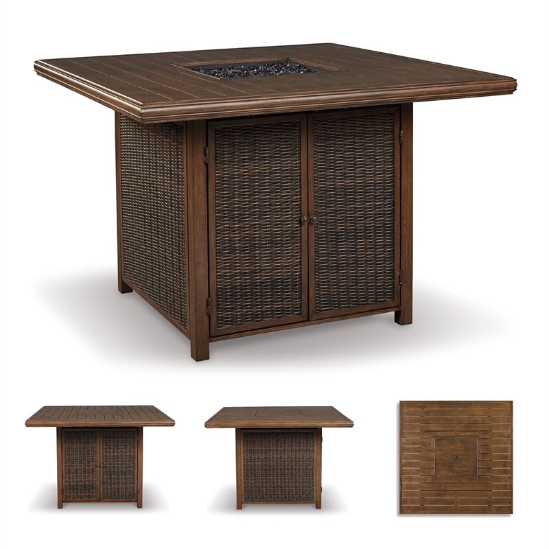 Ashley Furniture Paradise Trail Patio Fire Pit Pub Table in Brown