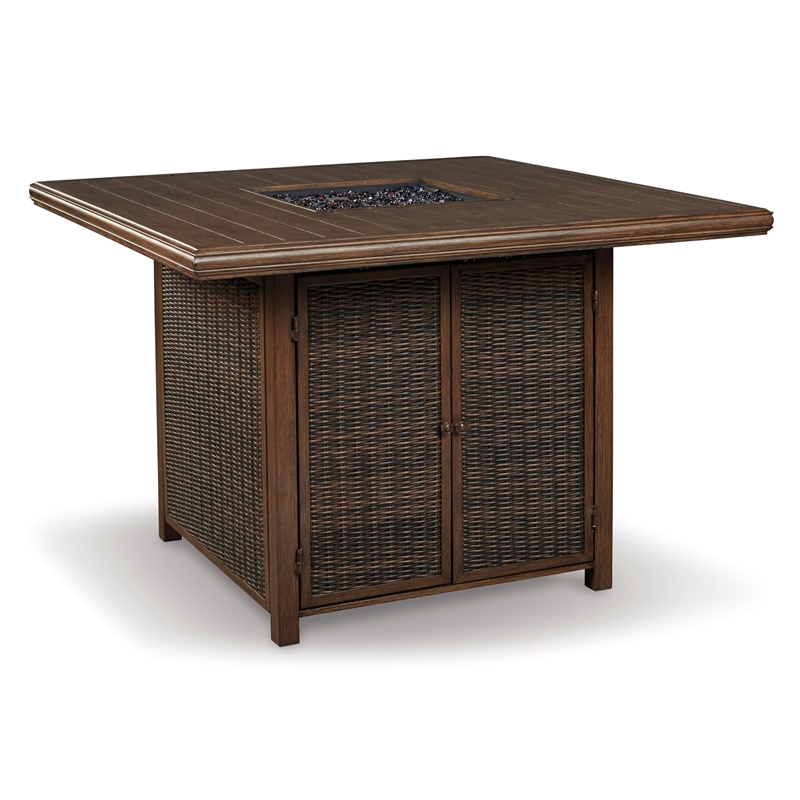 Ashley Furniture Paradise Trail Patio Fire Pit Pub Table in Brown