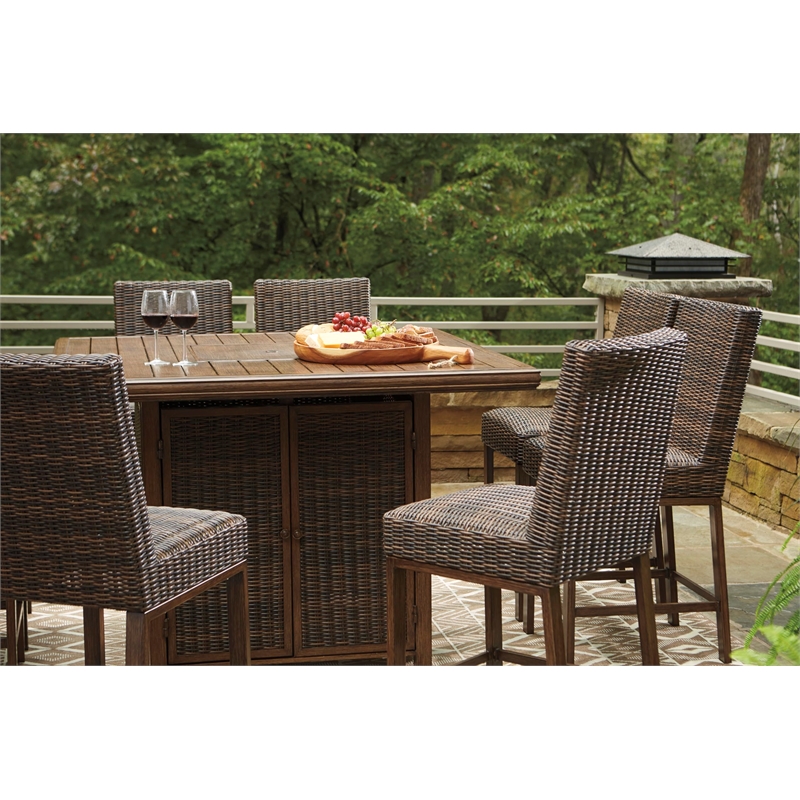 Ashley Furniture Paradise Trail Patio Fire Pit Pub Table in Brown