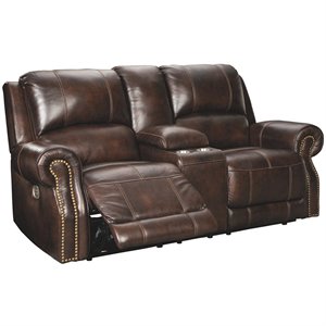 ashley furniture buncrana leather power reclining loveseat in chocolate