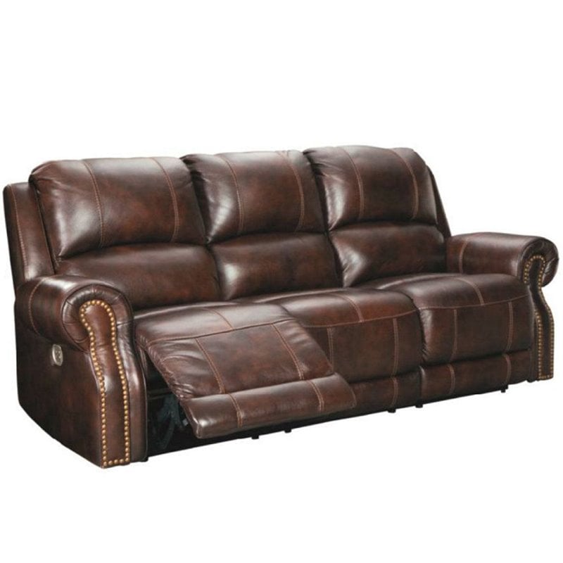 Ashley Furniture Buncrana Leather Power Reclining Sofa with Nailhead Trim