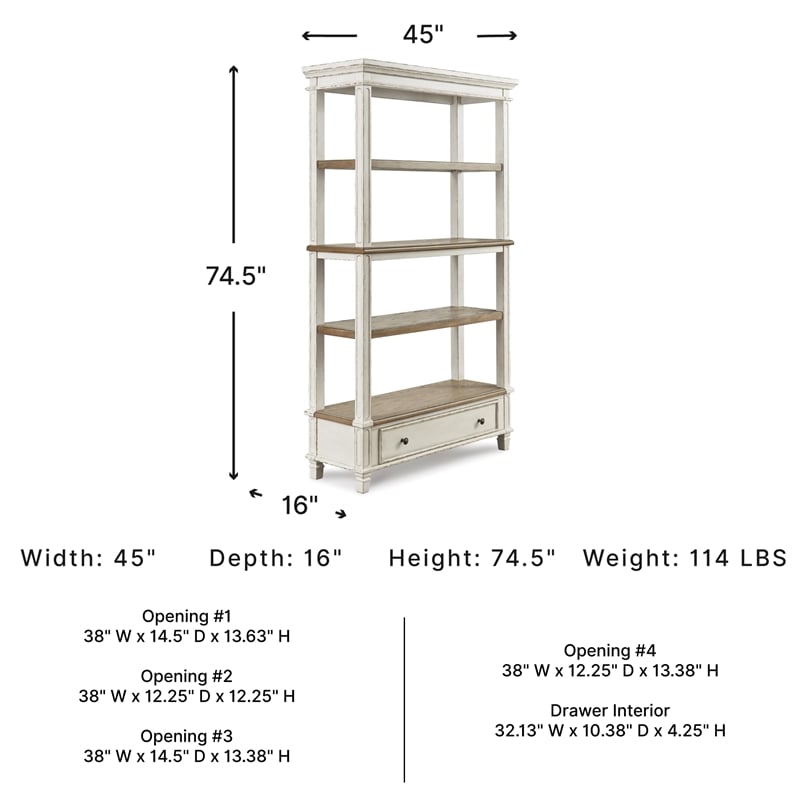 Signature Design by Ashley Realyn 4 Shelf Bookcase in Antique White and Brown