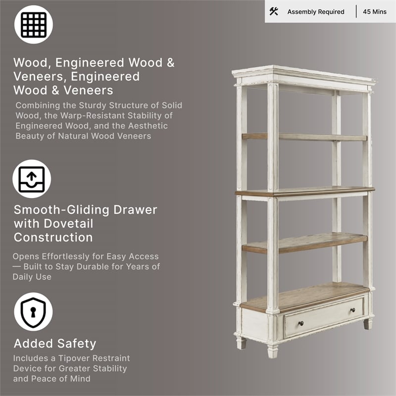 Signature Design by Ashley Realyn 4 Shelf Bookcase in Antique White and Brown