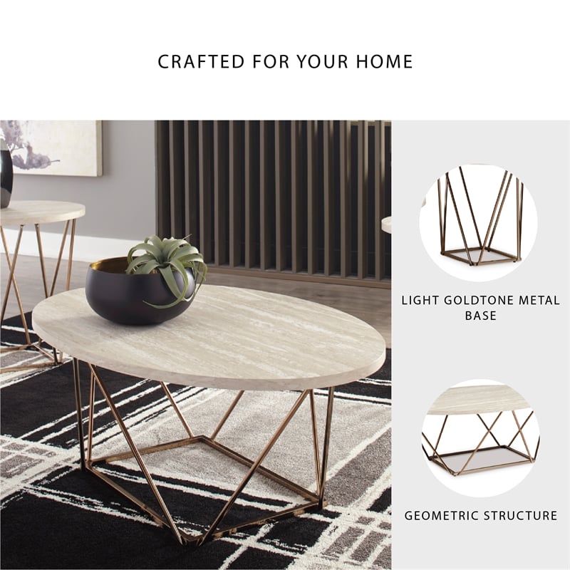 Ashley Furniture Tarica 3 Piece Faux Marble Top Accent Coffee Table Set in Gold