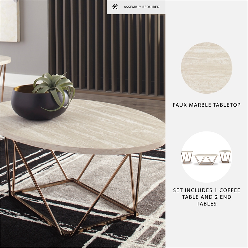 Ashley Furniture Tarica 3 Piece Faux Marble Top Accent Coffee Table Set in Gold