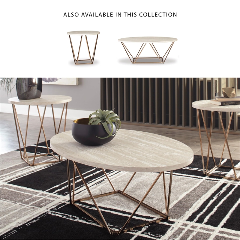 Ashley Furniture Tarica 3 Piece Faux Marble Top Accent Coffee Table Set in Gold