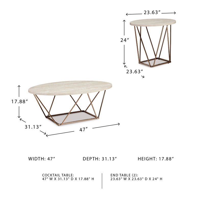 Ashley Furniture Tarica 3 Piece Faux Marble Top Accent Coffee Table Set in Gold