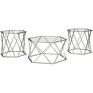 ashley furniture madanere 3 piece glass top accent coffee table set in chrome