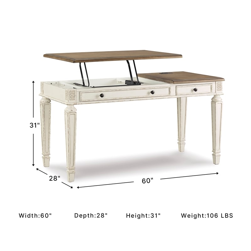 Ashley Furniture Realyn 2 Drawer Lift Top Writing Desk in White and Brown