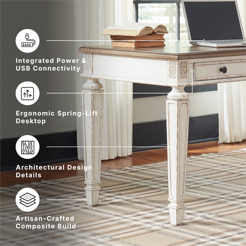 Ashley Furniture Realyn 2 Drawer Lift Top Writing Desk in White and Brown