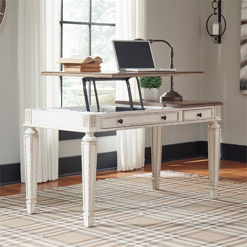 Ashley Furniture Realyn 2 Drawer Lift Top Writing Desk in White and Brown