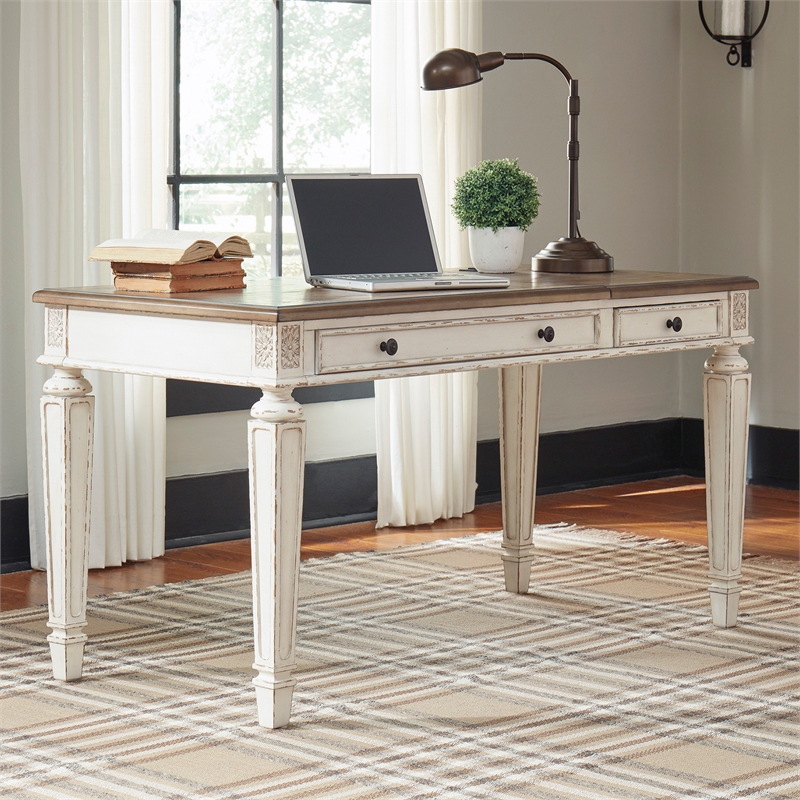 Ashley Furniture Realyn 2 Drawer Lift Top Writing Desk in White and Brown