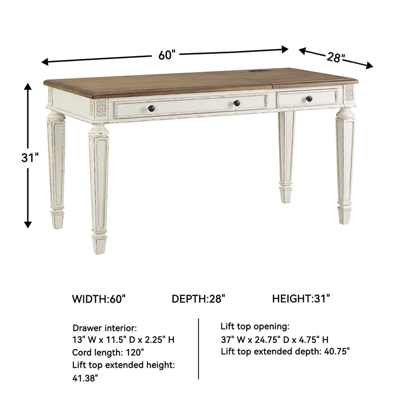 Ashley Furniture Realyn 2 Drawer Lift Top Writing Desk in White and Brown