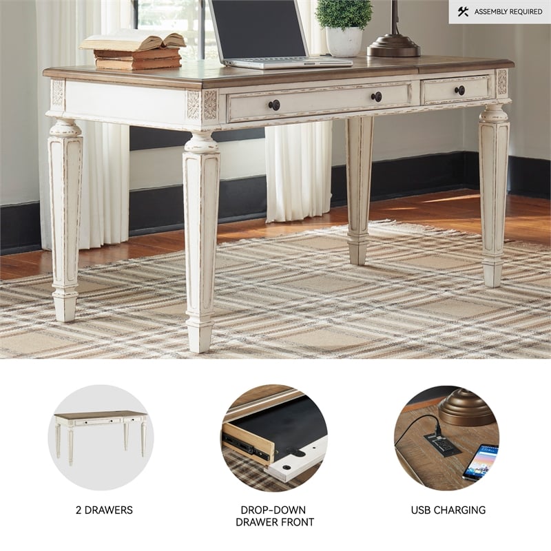 Ashley Furniture Realyn 2 Drawer Lift Top Writing Desk in White and Brown