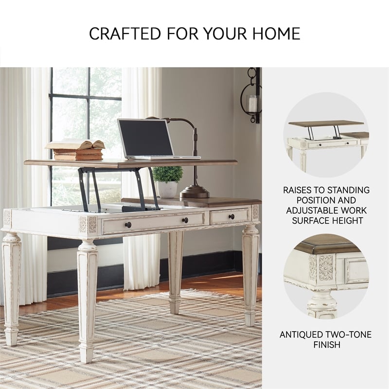 Ashley Furniture Realyn 2 Drawer Lift Top Writing Desk in White and Brown
