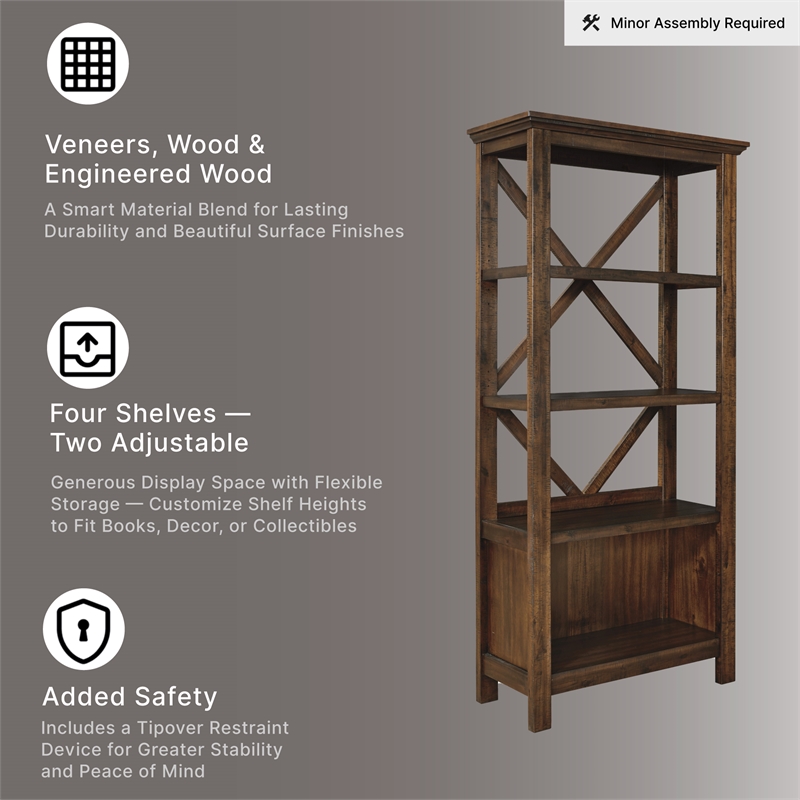 Ashley Furniture Baldridge 4 Shelf Crossbuck Bookcase in Rustic Warm Brown