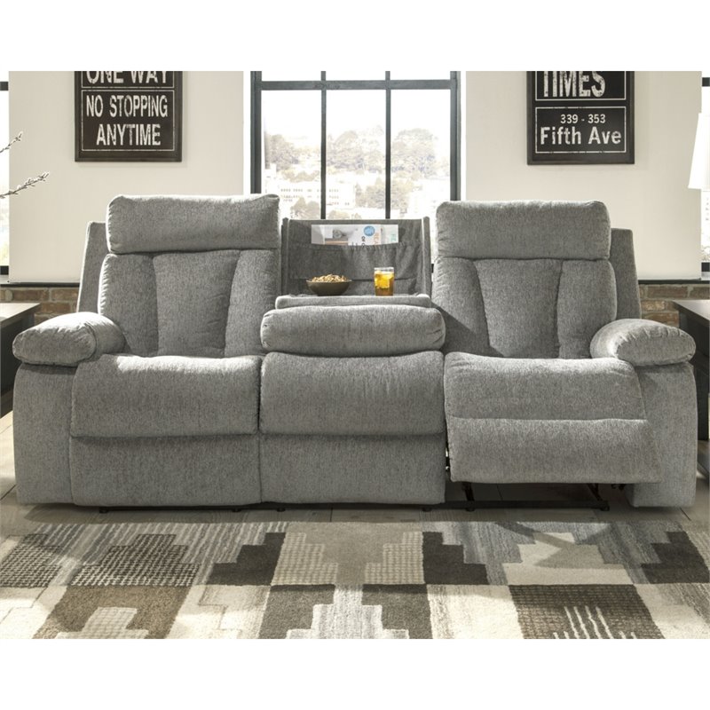Signature Design by Ashley Mitchiner Reclining Sofa with Drop Down Table in Fog