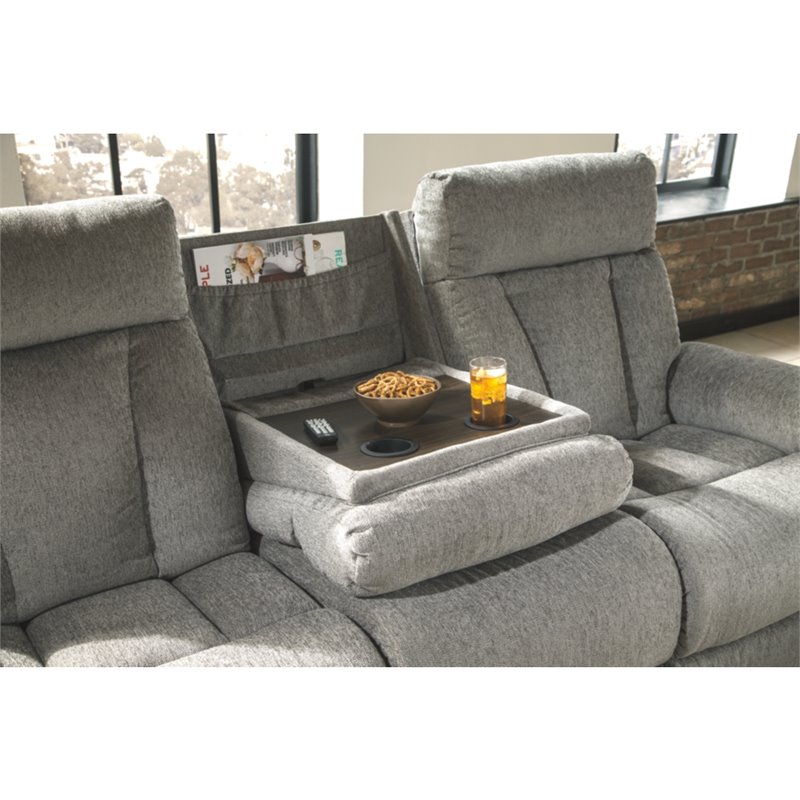 Signature Design by Ashley Mitchiner Reclining Sofa with Drop Down Table in Fog