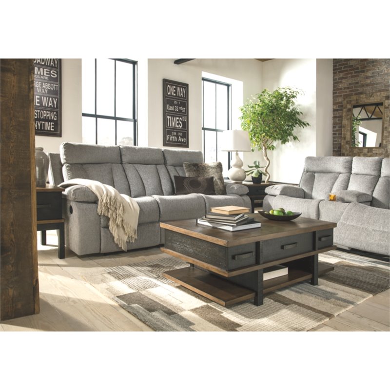 Signature Design by Ashley Mitchiner Reclining Sofa with Drop Down Table in Fog