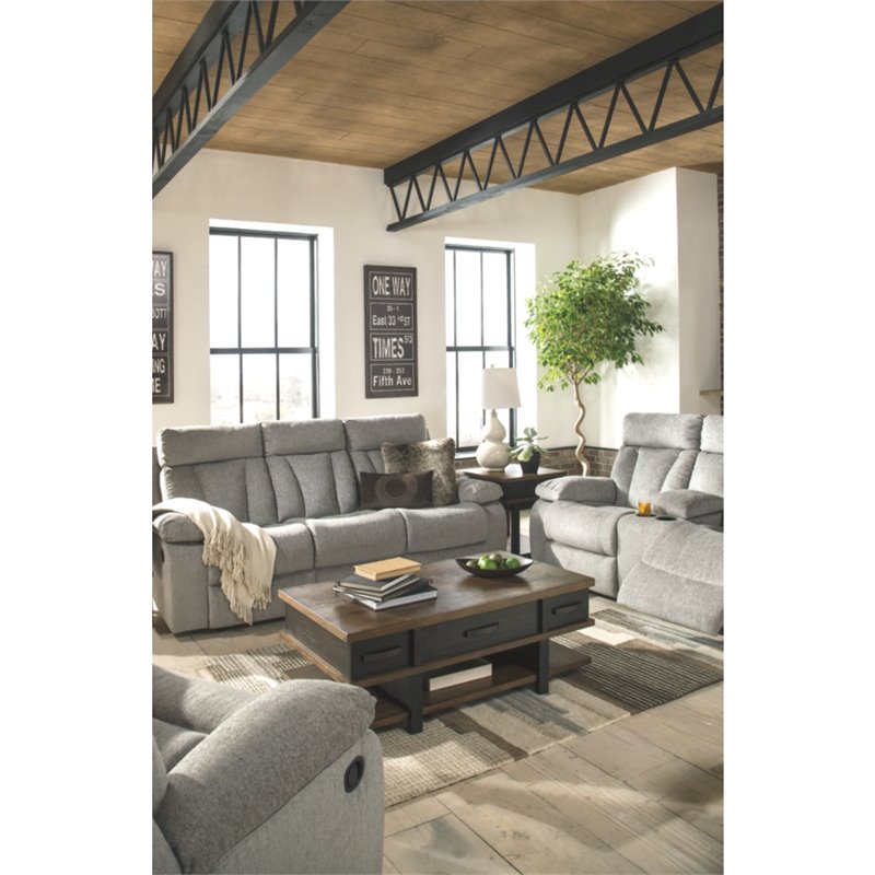Signature Design by Ashley Mitchiner Reclining Sofa with Drop Down Table in Fog