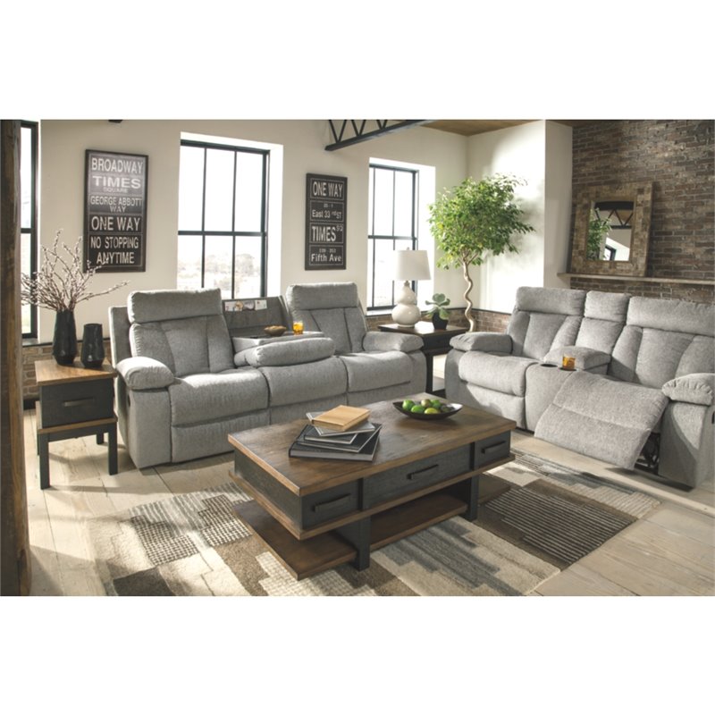 Signature Design by Ashley Mitchiner Reclining Sofa with Drop Down Table in Fog
