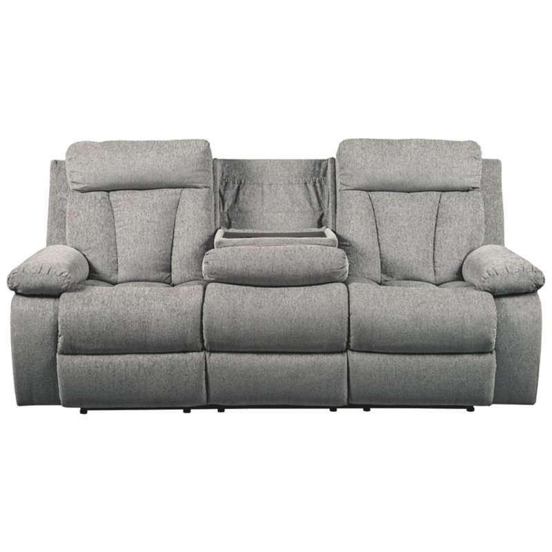 Signature Design by Ashley Mitchiner Reclining Sofa with Drop Down Table in Fog