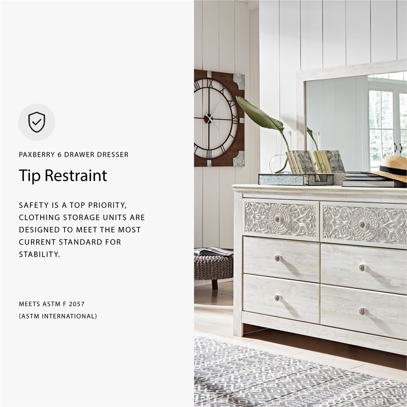 Signature Design by Ashley Paxberry 6 Drawer Dresser in Whitewash