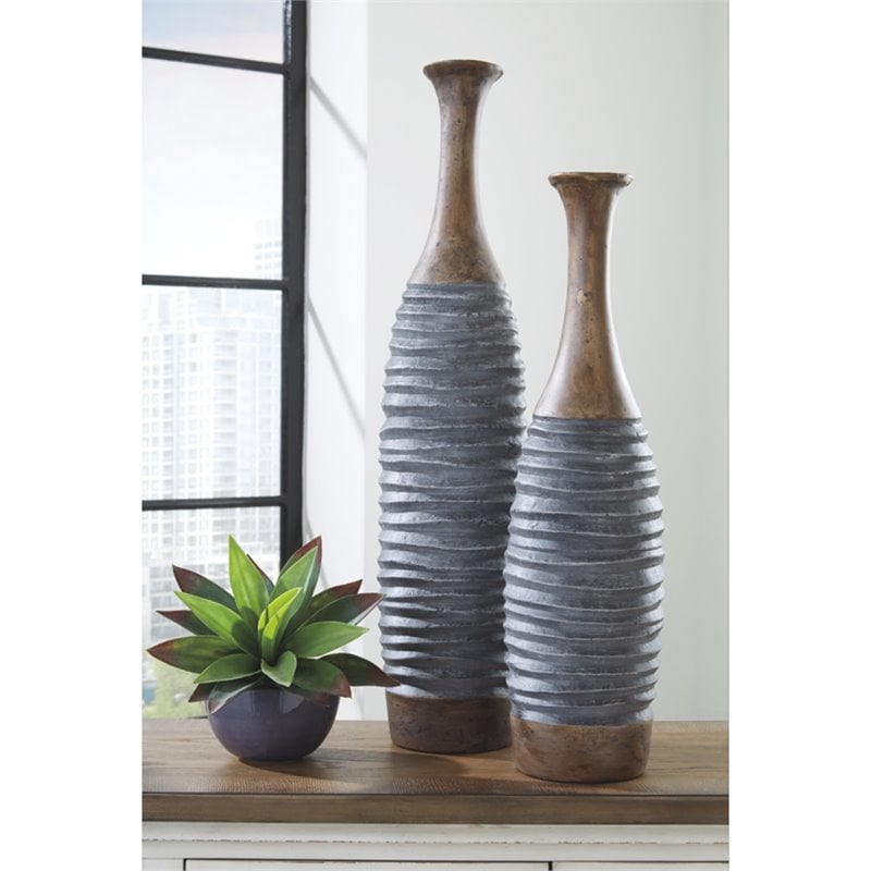Signature Design by Ashley Blayze 2 Piece Vase Set in Antique Gray and Brown