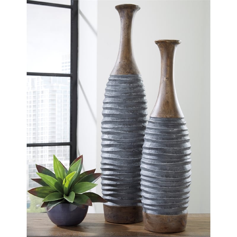 Signature Design by Ashley Blayze 2 Piece Vase Set in Antique Gray and Brown