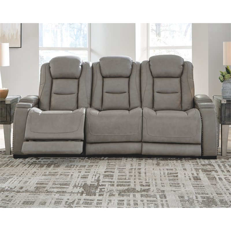 Signature Design by Ashley The Man-Den Leather Power Reclining Sofa in Gray