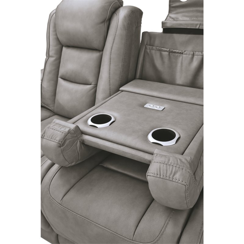 Signature Design by Ashley The Man-Den Leather Power Reclining Sofa in Gray