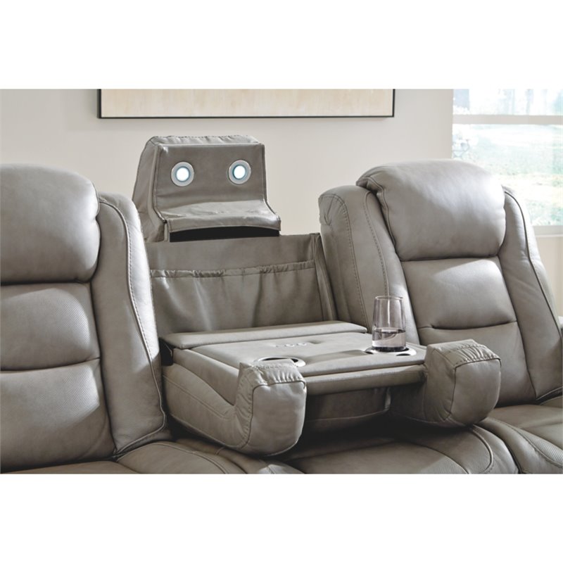 Signature Design by Ashley The Man-Den Leather Power Reclining Sofa in Gray