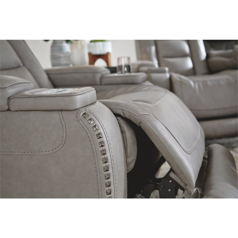 Signature Design by Ashley The Man-Den Leather Power Reclining Sofa in Gray