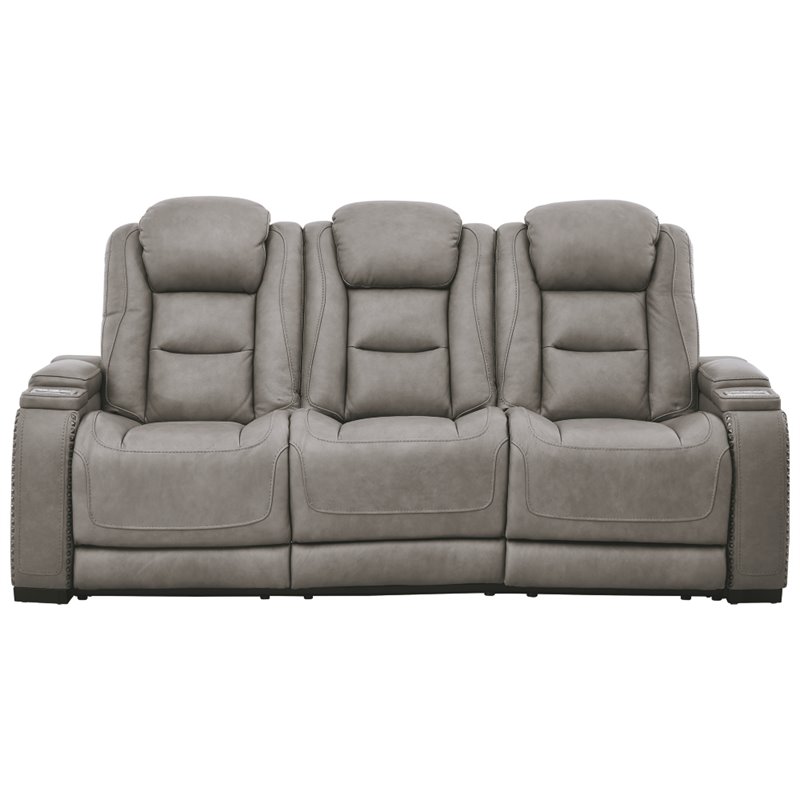 Signature Design by Ashley The Man-Den Leather Power Reclining Sofa in Gray