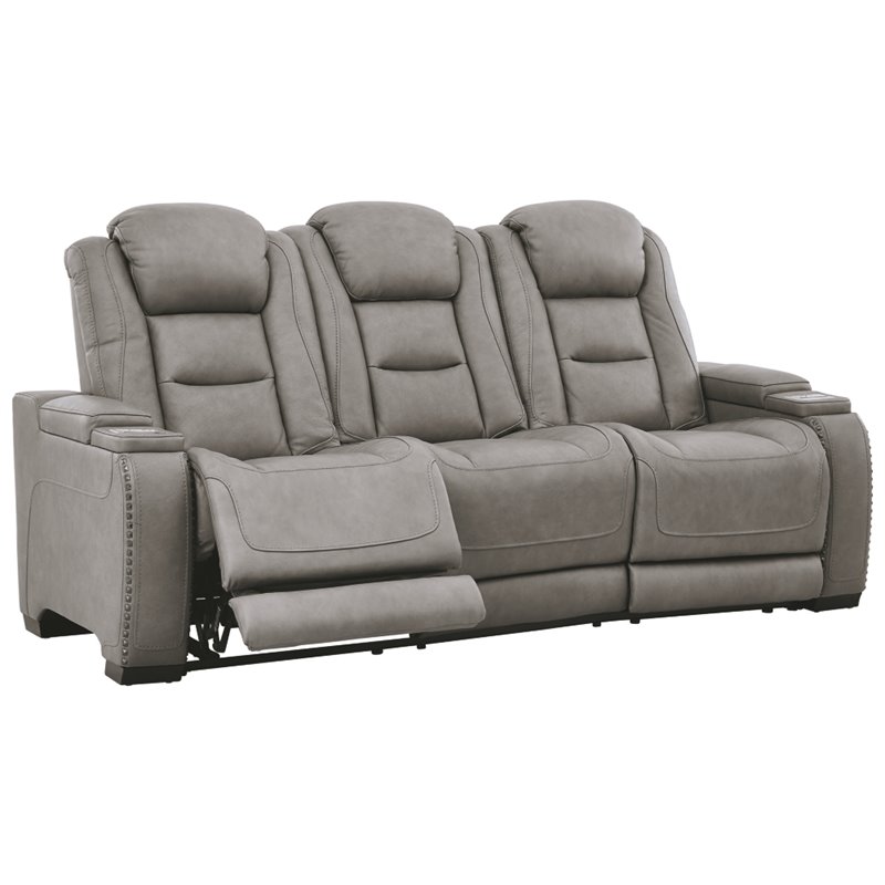 Signature Design by Ashley The Man-Den Leather Power Reclining Sofa in Gray