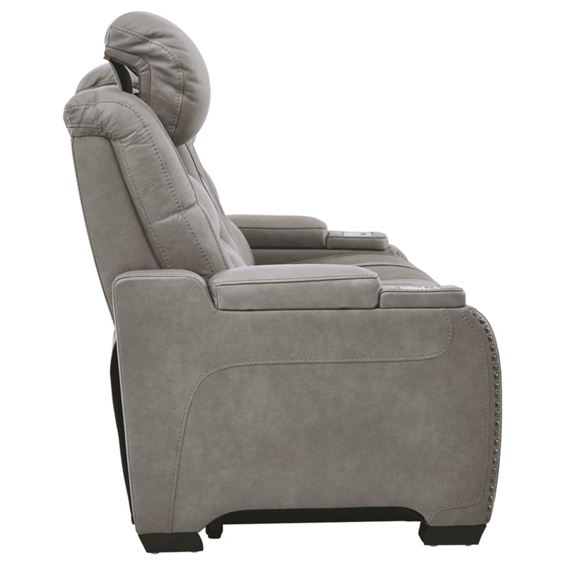 Signature Design by Ashley The Man-Den Leather Power Reclining Sofa in Gray