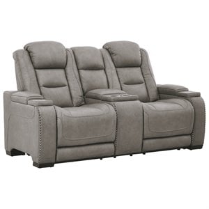 signature design by ashley the man-den leather power reclining loveseat in gray