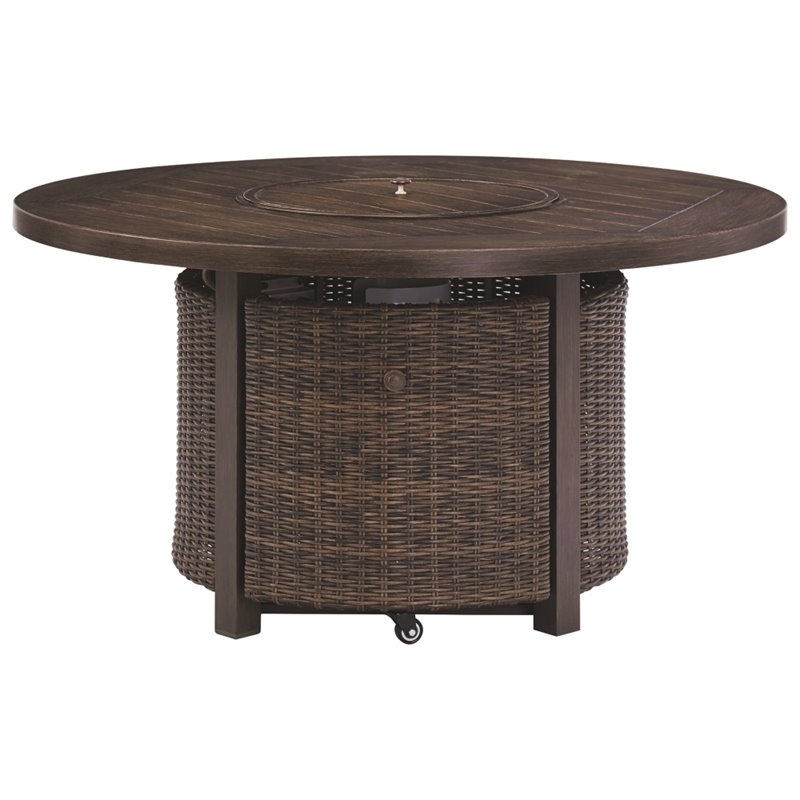 Signature Design by Ashley Paradise Trail Round Fire Pit Table in Medium Brown