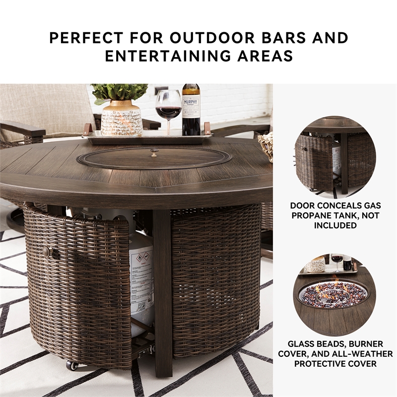Signature Design by Ashley Paradise Trail Round Fire Pit Table in Medium Brown