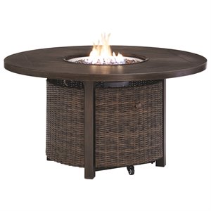 signature design by ashley paradise trail round fire pit table in medium brown